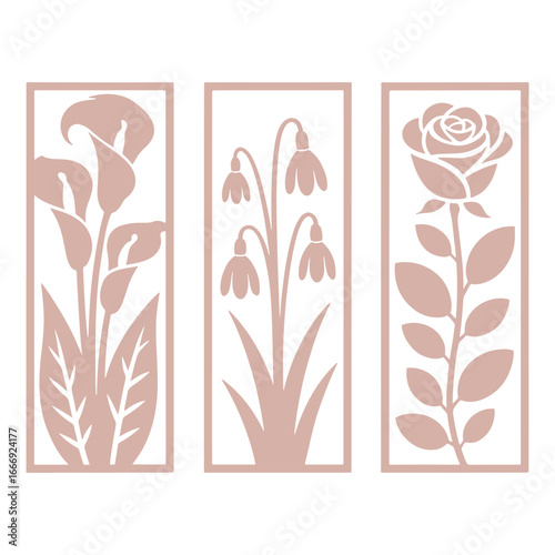 A set of three decorative vertical panels with elegant floral silhouettes of a rose, calla lily, and snowdrop vector illustration