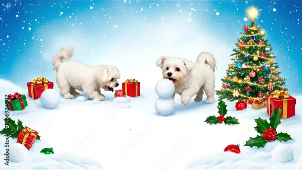 Two Maltese puppies play in the snow near a Christmas tree with gifts and holly Two Maltese puppies play in the snow near a Christmas tree with gifts and holly