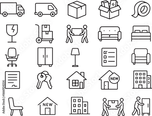 Moving Service Line Icons Set Truck, Boxes, Furniture, Delivery, Relocation, Logistics Outline Vector Illustration Pack
