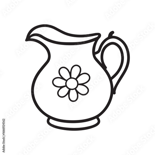 Vector art of simple black and white line drawing of a pitcher with a flower design