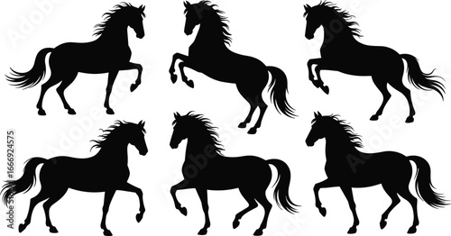 Dynamic Silhouette horses collection of equestrian figures showcasing power and grace in dynamic poses, perfect for design projects. These illustrations capture the essence of the equine form.
