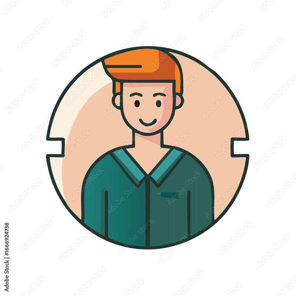 Fototapeta premium Smiling male person icon with green shirt and orange hair within circle