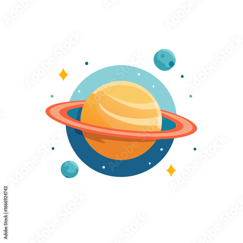 Stylized Planet with Rings and Moons in Space