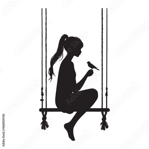 Vector art of silhouette of a young girl sitting on a swing, holding a small bird on her hand, isolated on a, evoking a sense of childhood innocence and gentle connection with nature