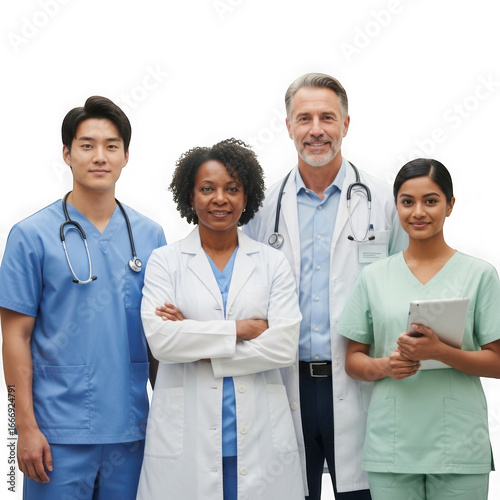 Diverse medical team four healthcare professionals posing together ready to serve transparent background