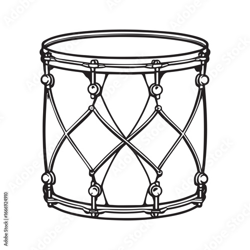Vector art of vintage snare drum with rope tension, , a classic percussion instrument used in military bands and orchestras for rhythm and beat