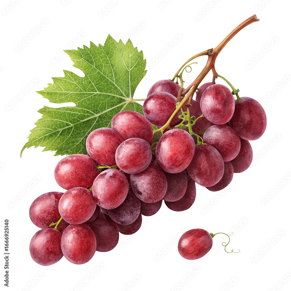 Fototapeta premium Red Grape Bunch with Leaf, Isolated on Transparent Background, High-Resolution Image, Fresh Fruit, Red Grapes, Food Photography, Clipart