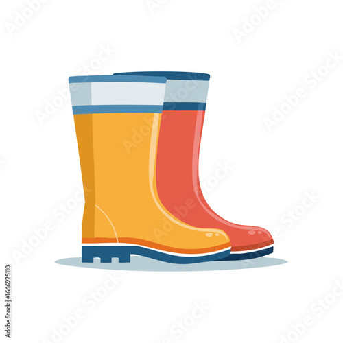 Pair of cartoon rain boots standing side by side in contrasting colors illustration