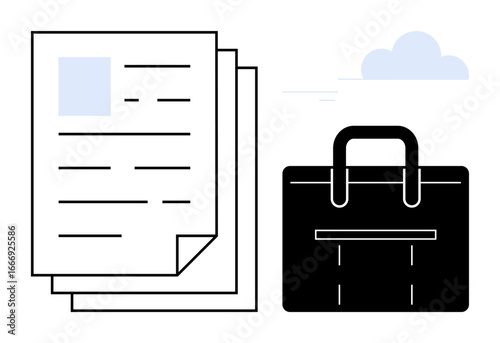 Stack of documents resembling resumes beside a black briefcase under a minimalist cloud. Ideal for job search, recruitment, career growth, portfolio management, employment, personal branding, simple