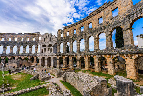 Pula, Croatia, 18 April 2025 - Inside of the Pula Arena, the old roman theater in the old town of Pula