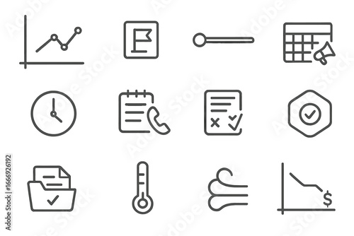 Fundraising Timeline Icons. Line style icons of fundraising timeline: timeline chart icon, funding stage label, milestone progress