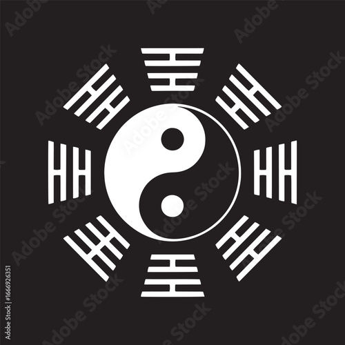 The Yin Yang symbol surrounded by the eight I Ching trigrams in white on a black background vector illustration