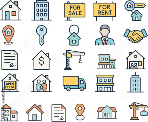 Real Estate Icon Set House, Apartment, Property, Agent, Mortgage, Construction, Rent and Sale Editable Colored Vector Illustration Pack