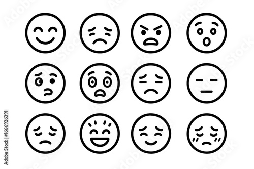 Emotion Icons Collection. Line style icons of basic emotions: happy face, sad face, angry face, surprised face, confused face,