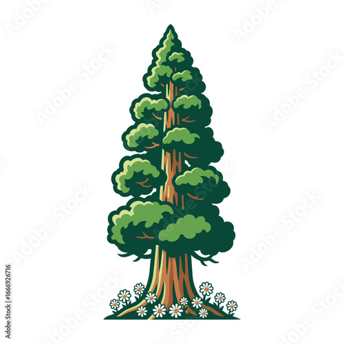A tall redwood tree with daisies at its base.  Nature illustration. Logo vector.