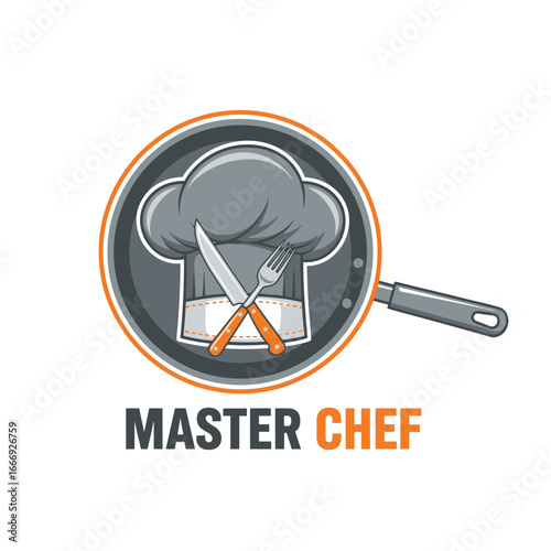 Chef's hat in a frying pan logo vector, crossed knife and fork. Represents culinary expertise restaurant cafe.