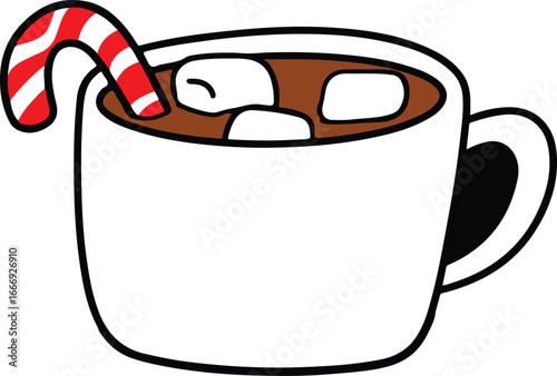Cartoon Hot Chocolate Mug with Marshmallows and Candy Cane on White Background cocoa drink vector EPS file download
