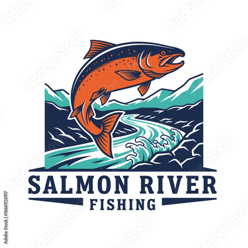 Salmon leaping over a river in the mountains. Fishing logo design.