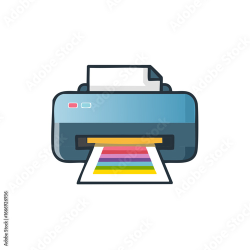 Modern blue printer outputs a colorful striped paper in a flat design illustration.