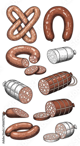 A detailed collection of various cured sausages and meats displayed for culinary appreciation and gastronomic study