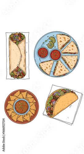 Delicious mexican food spread with tacos burritos nachos and dips for a festive gathering