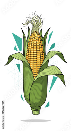 Fresh yellow corn on the cob with green husks and silk detailed illustration with geometric background elements