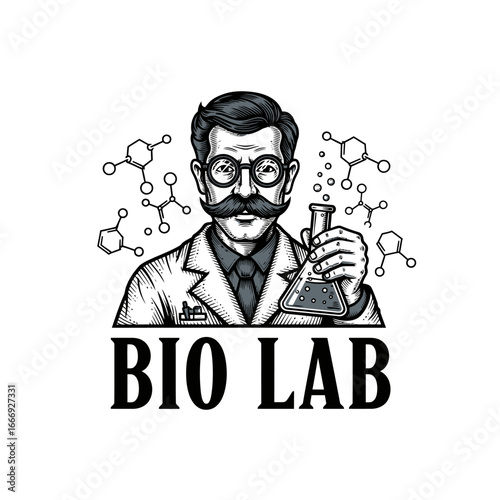 A vintage illustration of a scientist in a lab coat holding an Erlenmeyer flask.