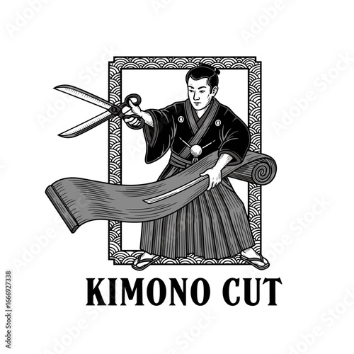 Stylish logo design featuring a Japanese man in traditional attire, cutting kimono fabric.