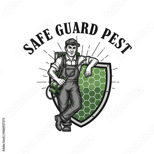 Pest control logo featuring a confident exterminator.