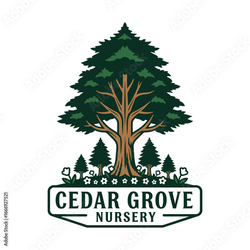 Cedar Grove Nursery logo featuring a large cedar tree, smaller trees, and flowers.  A nature-inspired design.