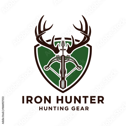 Iron Hunter logo featuring a crossbow, deer antlers, and a shield. Hunting gear emblem.
