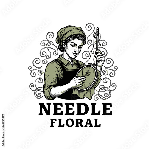 Vintage logo design featuring a woman embroidering a flower.