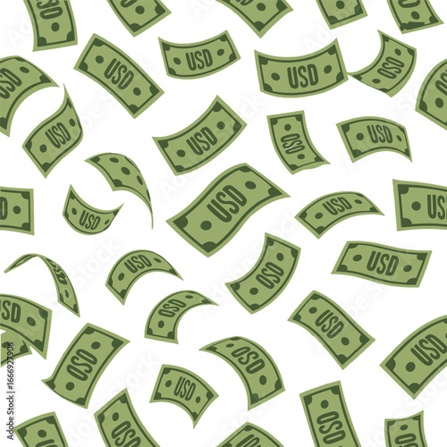 A seamless pattern of falling US dollar bills. A background of raining money for finance and wealth concepts vector illustration