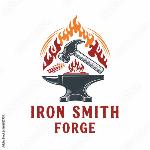 A fiery logo for an iron smith forge, featuring a hammer striking an anvil amidst flames.