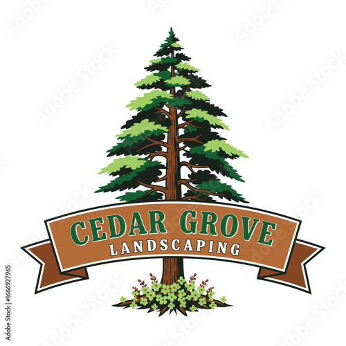 Cedar Grove Landscaping logo featuring a majestic cedar tree and floral elements.