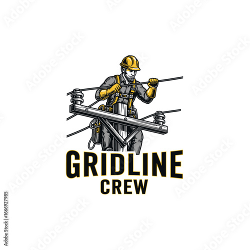 A logo design featuring an electrician working on power lines.