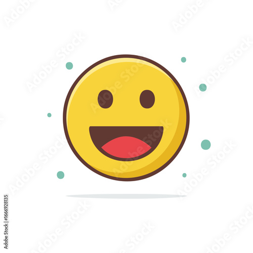 Smiling happy face icon with open mouth and dots surrounding isolated on white background