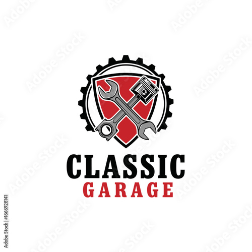Classic Garage logo featuring crossed wrenches and piston on a red shield.