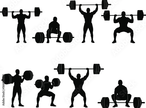 Weightlifting squat silhouettes, gym strength training vector, men lifting heavy barbells, fitness workout poses, powerlifting exercise art design