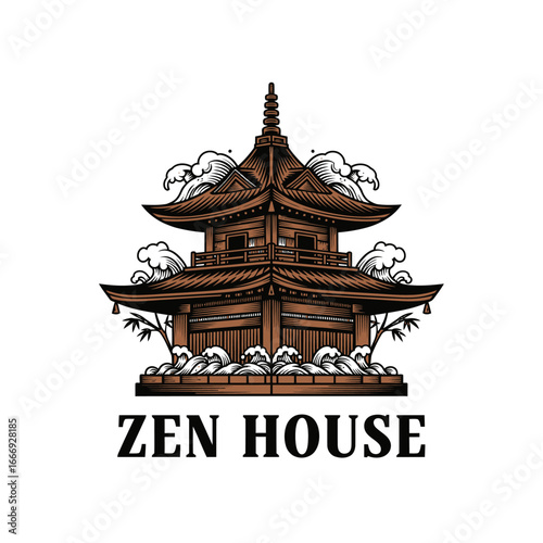 A serene illustration of a Japanese Zen house surrounded by waves.