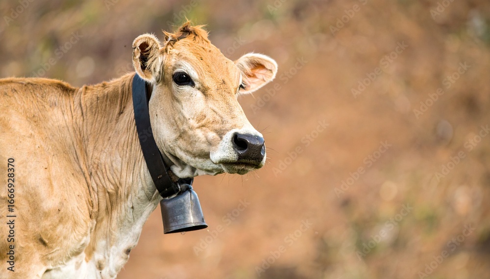 Fototapeta premium Generated image Tan Cow with Black Collar and Cowbell on Brown Background 