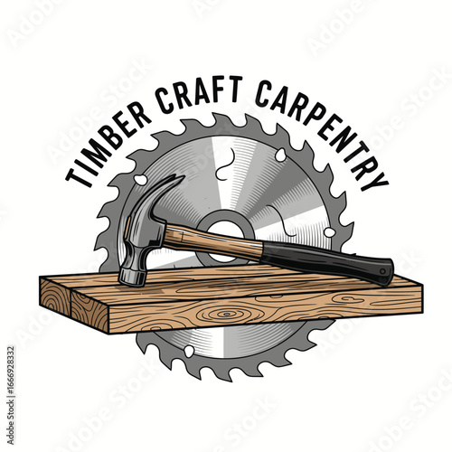 Carpentry logo with hammer, saw blade and wood.