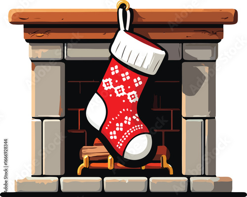 Christmas stocking hanging in a brick fireplace with a wooden mantel and burning logs on a white background vector EPS file download
