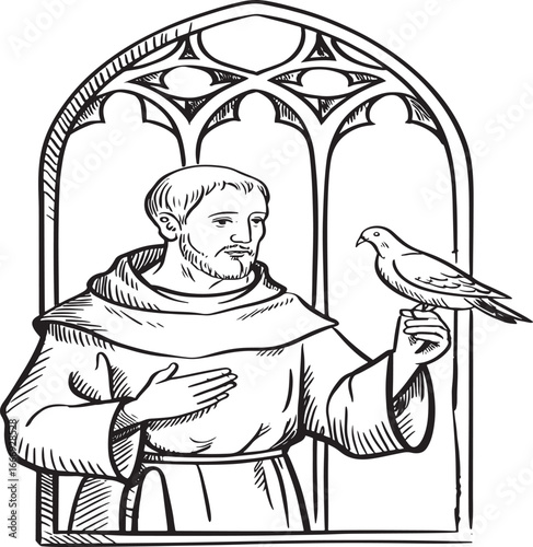 Monk with Dove in Ornate Window Illustration Depicting Religious Figure and Symbol of Peace in a Black and White Drawing