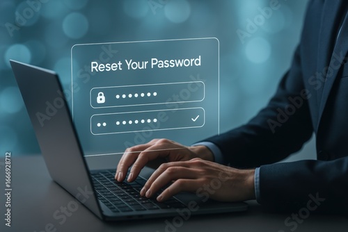 Password Reset: A sleek shot showing a person’s hand on laptop’s keyboard on which a digital interface displays a password reset prompt with login details.