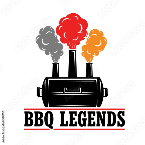 A logo design for a BBQ business featuring a smoker with smoke stacks and the text 'BBQ Legends'.