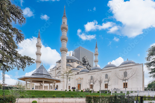 Tirana, Albania, 22 March 2025 - Side view of the recently finished Mosque of Namazgah (Xhamia e Namazgjasë)