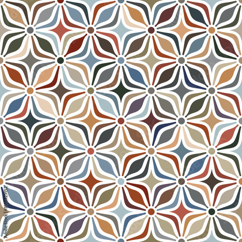Seamless floral pattern with a multicolored vintage design of abstract geometric flowers on a white background. Geometric ethnic style. Vector illustration for textile, wallpaper, and wrapping.