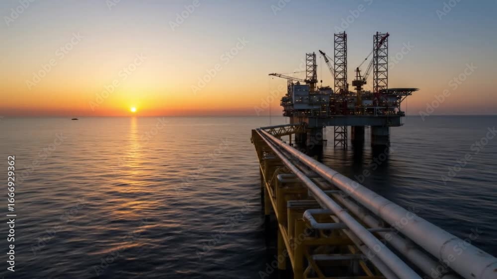 Stunning offshore oil rig at sunset, a symbol of energy production and industry Stunning offshore oil rig at sunset, a symbol of energy production and industry