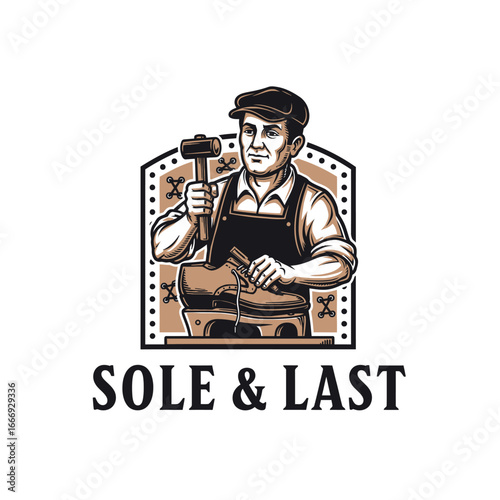 Vintage logo design featuring a shoemaker repairing a shoe.
